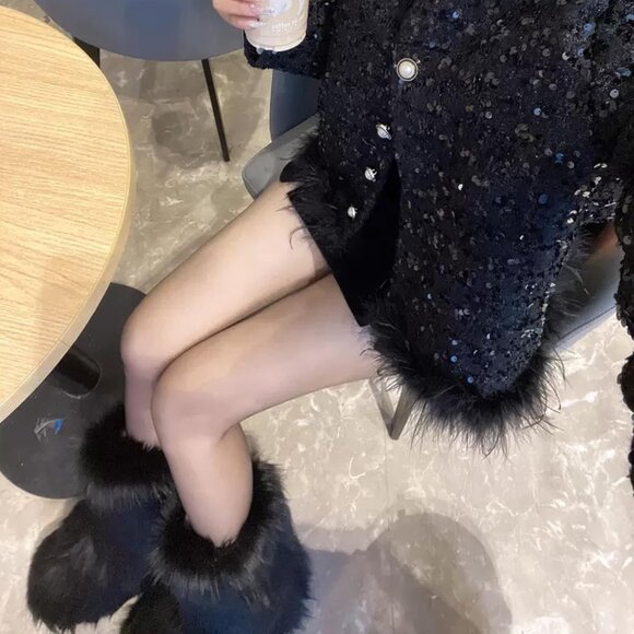 Women's Faux Fur Snow Boots Mid Calf Fuzzy Warm Leather Lined Winter Shoe - Picture 5 of 6